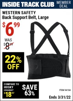 Harbor Freight ITC Coupon WESTERN SAFETY BACK SUPPORT BELT Lot No. 94103/94104/94105/94106 Expired: 3/31/22 - $6.99