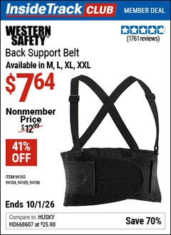 Harbor Freight Coupon WESTERN SAFETY BACK SUPPORT BELT Lot No. 94103/94104/94105/94106 Valid: 12/31/69 - 10/1/26 - $7.64