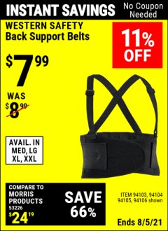 Harbor Freight Coupon WESTERN SAFETY BACK SUPPORT BELT Lot No. 94103/94104/94105/94106 Expired: 8/5/21 - $7.99