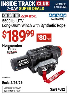 Harbor Freight ITC Coupon BADLAND APEX 5500 LB. UTV LONG-DRUM WINCH WITH SYNTHETIC ROPE Lot No. 57535 Expired: 2/26/26 - $189.99