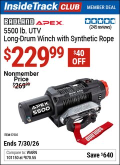 Harbor Freight ITC Coupon BADLAND APEX 5500 LB. UTV LONG-DRUM WINCH WITH SYNTHETIC ROPE Lot No. 57535 Expired: 7/30/26 - $229.99