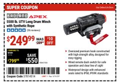 Harbor Freight Coupon BADLAND APEX 5500 LB. UTV LONG-DRUM WINCH WITH SYNTHETIC ROPE Lot No. 57535 Expired: 3/19/23 - $249.99