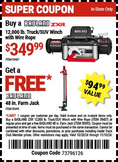Harbor Freight Coupon BADLAND ZXR 12,000 LB. TRUCK/SUV WINCH WITH WIRE ROPE Lot No. 59407 Expired: 11/10/24 - $349.99
