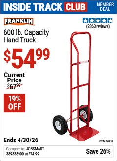 Harbor Freight ITC Coupon FRANKLIN 600 LB. CAPACITY HAND TRUCK Lot No. 58291 Expired: 4/30/26 - $54.99