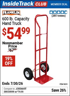 Harbor Freight ITC Coupon FRANKLIN 600 LB. CAPACITY HAND TRUCK Lot No. 58291 Expired: 7/30/26 - $54.99