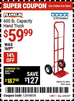 Harbor Freight Coupon FRANKLIN 600 LB. CAPACITY HAND TRUCK Lot No. 58291 Expired: 4/30/23 - $59.99
