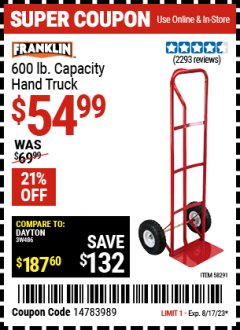 Harbor Freight Coupon FRANKLIN 600 LB. CAPACITY HAND TRUCK Lot No. 58291 Expired: 8/17/23 - $54.99