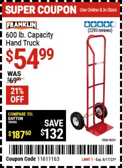 Harbor Freight Coupon FRANKLIN 600 LB. CAPACITY HAND TRUCK Lot No. 58291 Expired: 8/17/23 - $54.99