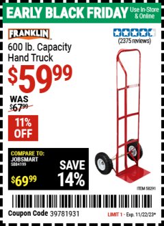 Harbor Freight Coupon FRANKLIN 600 LB. CAPACITY HAND TRUCK Lot No. 58291 Expired: 11/22/23 - $59.99
