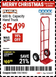 Harbor Freight Coupon FRANKLIN 600 LB. CAPACITY HAND TRUCK Lot No. 58291 Expired: 12/24/23 - $54.99