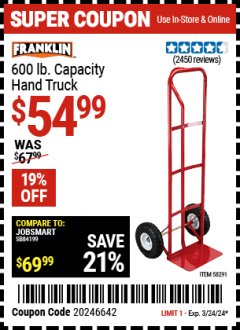 Harbor Freight Coupon FRANKLIN 600 LB. CAPACITY HAND TRUCK Lot No. 58291 Expired: 3/24/24 - $54.99