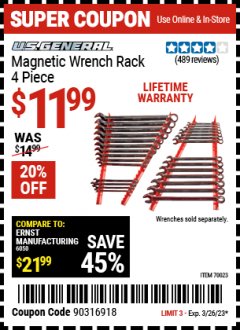 Harbor Freight Coupon U.S. GENERAL MAGNETIC WRENCH RACK, 4-PIECE Lot No. 70023 Expired: 3/26/23 - $11.99