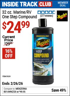 Harbor Freight ITC Coupon MEGUIAR'S 32 OZ. MARINE/RV ONE STEP COMPOUND Lot No. 59339 Expired: 2/26/26 - $24.99