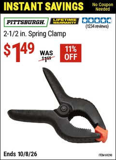 Harbor Freight Coupon PITTSBURGH 2-1/2 IN. SPRING CLAMP Lot No. 69290 Valid Thru: 10/8/26 - $1.49