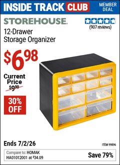 Harbor Freight ITC Coupon STOREHOUSE 12-DRAWER STORAGE ORGANIZER Lot No. 99896 Dates Valid: 12/31/69 - 7/2/26 - $6.98