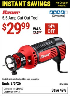 Harbor Freight Coupon BAUER 5.5 AMP CUT-OUT TOOL Lot No. 58208 Expired: 3/5/26 - $29.99