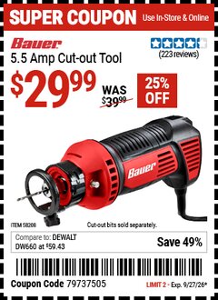 Harbor Freight Coupon BAUER 5.5 AMP CUT-OUT TOOL Lot No. 58208 Valid Thru: 9/27/26 - $29.99
