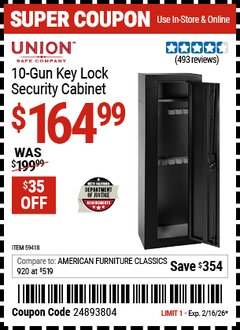 Harbor Freight Coupon UNION SAFE COMPANY 10-GUN KEY LOCK SECURITY CABINET Lot No. 59418 Expired: 2/16/26 - $164.99