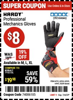 Harbor Freight Coupon HARDY PROFESSIONAL MECHANICS GLOVES Lot No. 64731/62524/62525/64947/56249 Expired: 7/4/23 - $8
