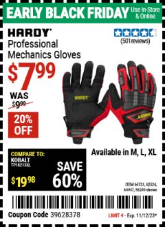 Harbor Freight Coupon HARDY PROFESSIONAL MECHANICS GLOVES Lot No. 64731/62524/62525/64947/56249 Expired: 11/12/23 - $7.99