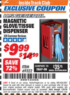 Harbor Freight ITC Coupon U.S. General Magnetic Glove/tissue dispenser Lot No. 64646/57284/56460/56461/56462/56463/69322/72361 Expired: 1/31/19 - $9.99