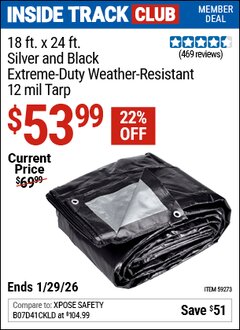 Harbor Freight ITC Coupon 18 FT. X 24 FT. SILVER AND BLACK EXTREME-DUTY WEATHER-RESISTANT 12 MIL TARP Lot No. 59273 Dates Valid: 12/31/69 - 1/29/26 - $53.99