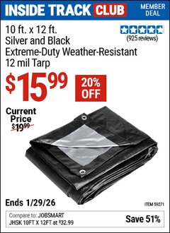 Harbor Freight ITC Coupon 10 FT. X 12 FT. SILVER AND BLACK EXTREME-DUTY WEATHER-RESISTANT 12 MIL TARP Lot No. 59271 Dates Valid: 12/31/69 - 1/29/26 - $15.99
