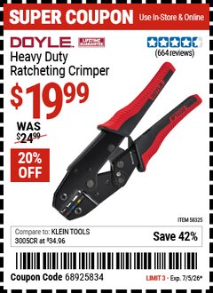 Harbor Freight Coupon DOYLE HEAVY DUTY RATCHETING CRIMPER Lot No. 58325 Valid Thru: 7/5/26 - $19.99