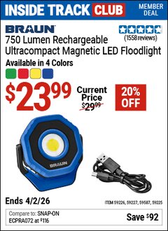 Harbor Freight ITC Coupon BRAUN 750 LUMEN RECHARGEABLE ULTRACOMPACT MAGNETIC LED FLOODLIGHT Lot No. 59225/59226/59227/59587 Dates Valid: 12/31/69 - 4/2/26 - $23.99