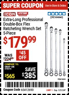 Harbor Freight Coupon ICON EXTRA-LONG PROFESSIONAL METRIC DOUBLE BOX FLEX RATCHETING WRENCH SET, 5-PIECE Lot No. 56694 Expired: 1/21/24 - $179.99