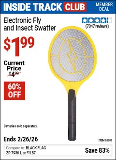 Harbor Freight ITC Coupon ELECTRONIC FLY AND INSECT SWATTER Lot No. 61351/62540/63681 Expired: 2/26/26 - $1.99