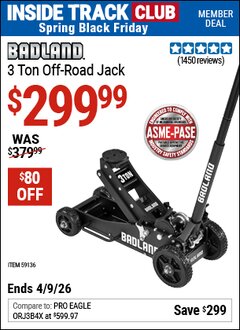 Harbor Freight ITC Coupon BADLAND 3 TON OFF-ROAD JACK Lot No. 59136 Expired: 4/9/26 - $299.99