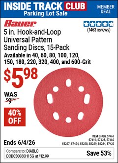 Harbor Freight ITC Coupon BAUER 5 IN. HOOK-AND-LOOP UNIVERSAL PATTERN SANDING DISCS, 15-PACK Lot No. 57419/57420/57422/57424/57425/57461/57482/58227/58228/58229/58284 Expired: 6/4/26 - $5.98
