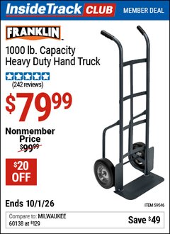 Harbor Freight Coupon FRANKLIN 1000 LB. CAPACITY HEAVY DUTY HAND TRUCK Lot No. 59546 Valid: 12/31/69 - 10/1/26 - $79.99