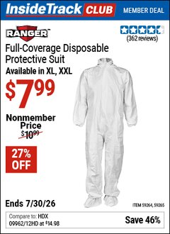 Harbor Freight ITC Coupon RANGER FULL-COVERAGE DISPOSABLE PROTECTIVE SUIT Lot No. 59264/59265 Expired: 7/30/26 - $7.99