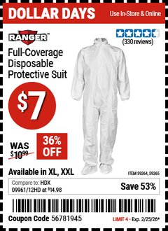 Harbor Freight Coupon RANGER FULL-COVERAGE DISPOSABLE PROTECTIVE SUIT Lot No. 59264/59265 Expired: 2/25/26 - $7