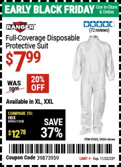 Harbor Freight Coupon RANGER FULL-COVERAGE DISPOSABLE PROTECTIVE SUIT Lot No. 59264/59265 Expired: 11/22/23 - $7.99