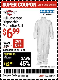 Harbor Freight Coupon RANGER FULL-COVERAGE DISPOSABLE PROTECTIVE SUIT Lot No. 59264/59265 Expired: 1/21/24 - $6.99