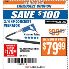 Harbor Freight ITC Coupon CHICAGO ELECTRIC 3/4 HP CONCRETE VIBRATOR Lot No. 34923 Expired: 6/5/18 - $79.99