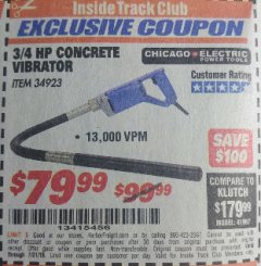 Harbor Freight ITC Coupon CHICAGO ELECTRIC 3/4 HP CONCRETE VIBRATOR Lot No. 34923 Expired: 7/31/18 - $79.99