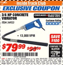 Harbor Freight ITC Coupon CHICAGO ELECTRIC 3/4 HP CONCRETE VIBRATOR Lot No. 34923 Expired: 7/31/18 - $79.99