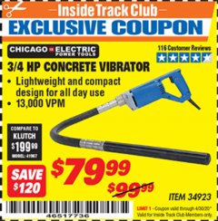 Harbor Freight ITC Coupon CHICAGO ELECTRIC 3/4 HP CONCRETE VIBRATOR Lot No. 34923 Expired: 4/30/20 - $79.99