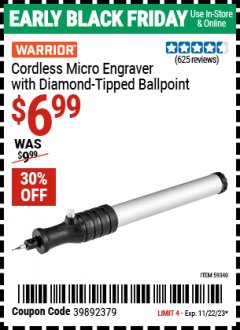 Harbor Freight Coupon WARRIOR CORDLESS MICRO ENGRAVER WITH DIAMOND-TIPPED BALLPOINT Lot No. 59340 Expired: 11/22/23 - $6.99