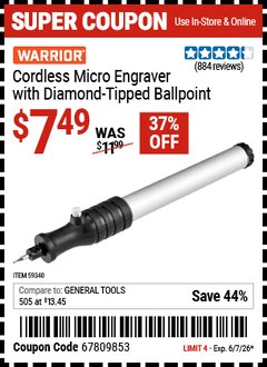 Harbor Freight Coupon WARRIOR CORDLESS MICRO ENGRAVER WITH DIAMOND-TIPPED BALLPOINT Lot No. 59340 Expired: 6/7/26 - $7.49