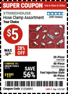 Harbor Freight Coupon STOREHOUSE HOSE CLAMP ASSORTMENT Lot No. 58150/62363/63280 Expired: 1/21/24 - $5