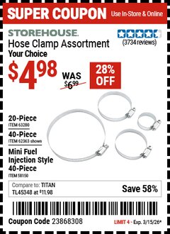 Harbor Freight Coupon STOREHOUSE HOSE CLAMP ASSORTMENT Lot No. 58150/62363/63280 Expired: 3/15/26 - $4.98
