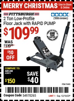 Harbor Freight Coupon PITTSBURGH 2 TON LOW-PROFILE FLOOR JACK WITH RAPID PUMP, SLATE GRAY Lot No. 70485 Expired: 12/10/23 - $109.99