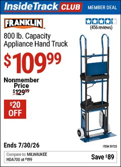 Harbor Freight ITC Coupon FRANKLIN 800 LB. CAPACITY APPLIANCE HAND TRUCK Lot No. 59725 Expired: 7/30/26 - $109.99