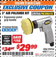 Harbor Freight ITC Coupon CENTRAL PNEUMATIC 3 IN. AIR POLISHER KIT Lot No. 60611/99934 Expired: 9/30/19 - $29.99