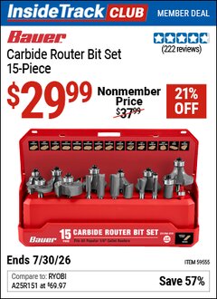 Harbor Freight ITC Coupon BAUER CARBIDE ROUTER BIT SET, 15-PIECE Lot No. 59555 Expired: 7/30/26 - $29.99
